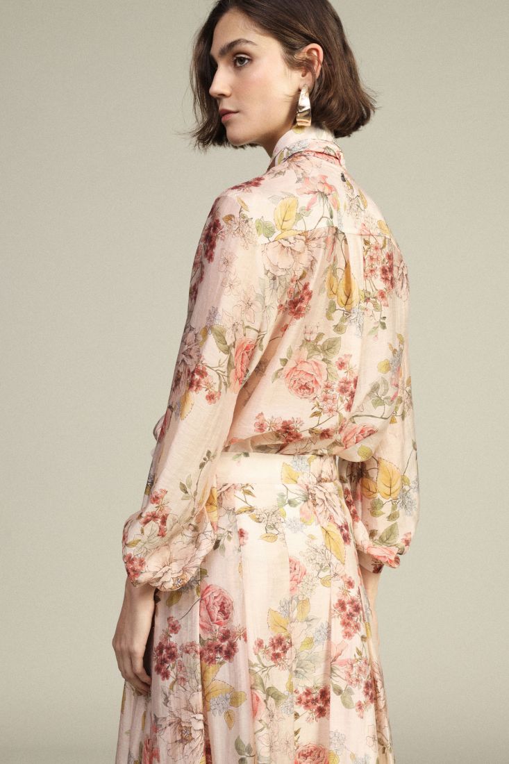 Shirt with bow tie and sheer floral print