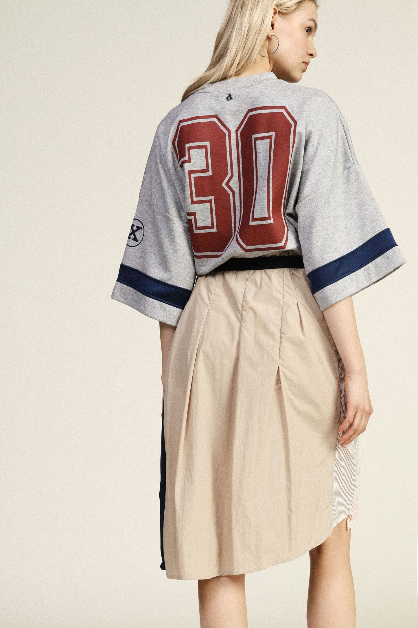Midi skirt patchwork high waist with sash belt