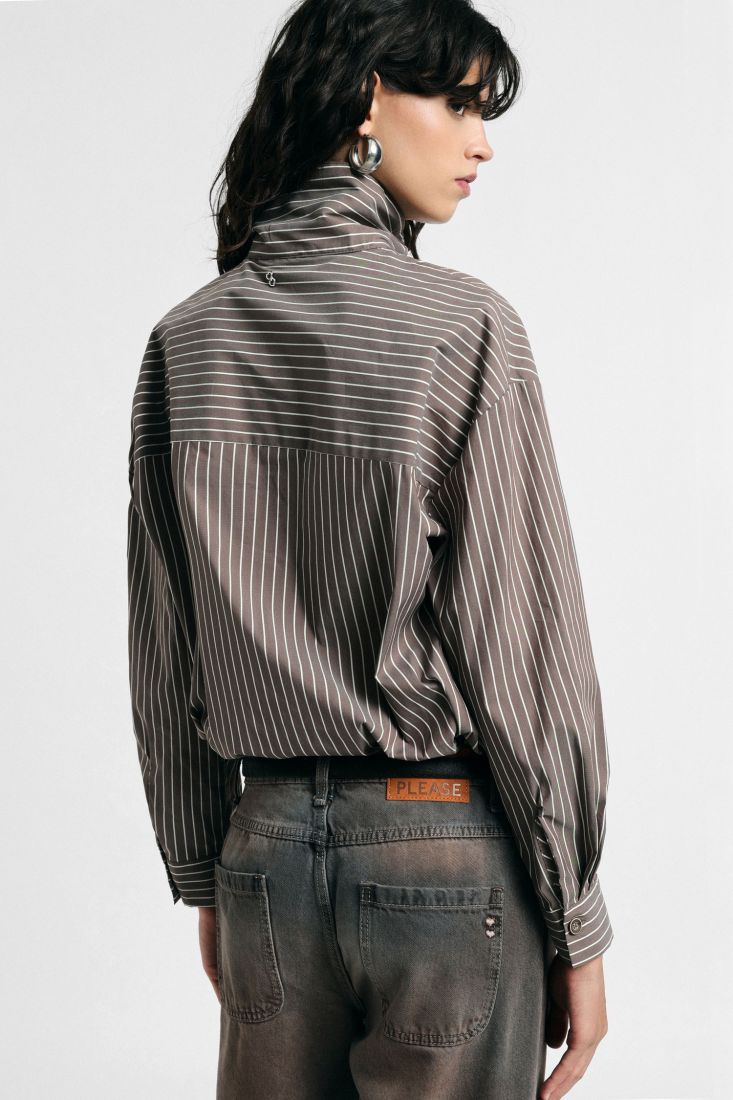 High-neck striped shirt with asymmetric buttons