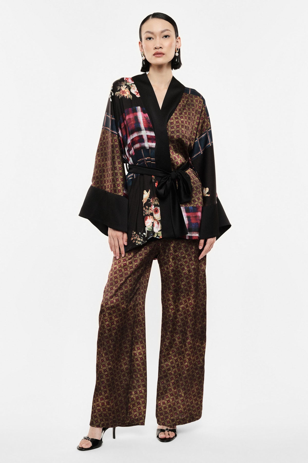 Printed high-waist palazzo trousers - Green/Burgundy