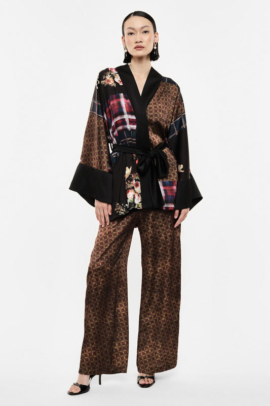 Printed high-waist palazzo trousers - Green/Burgundy