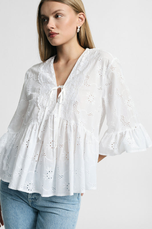 Blouse with broderie anglaise and flared sleeves – JUST11 women's fashion