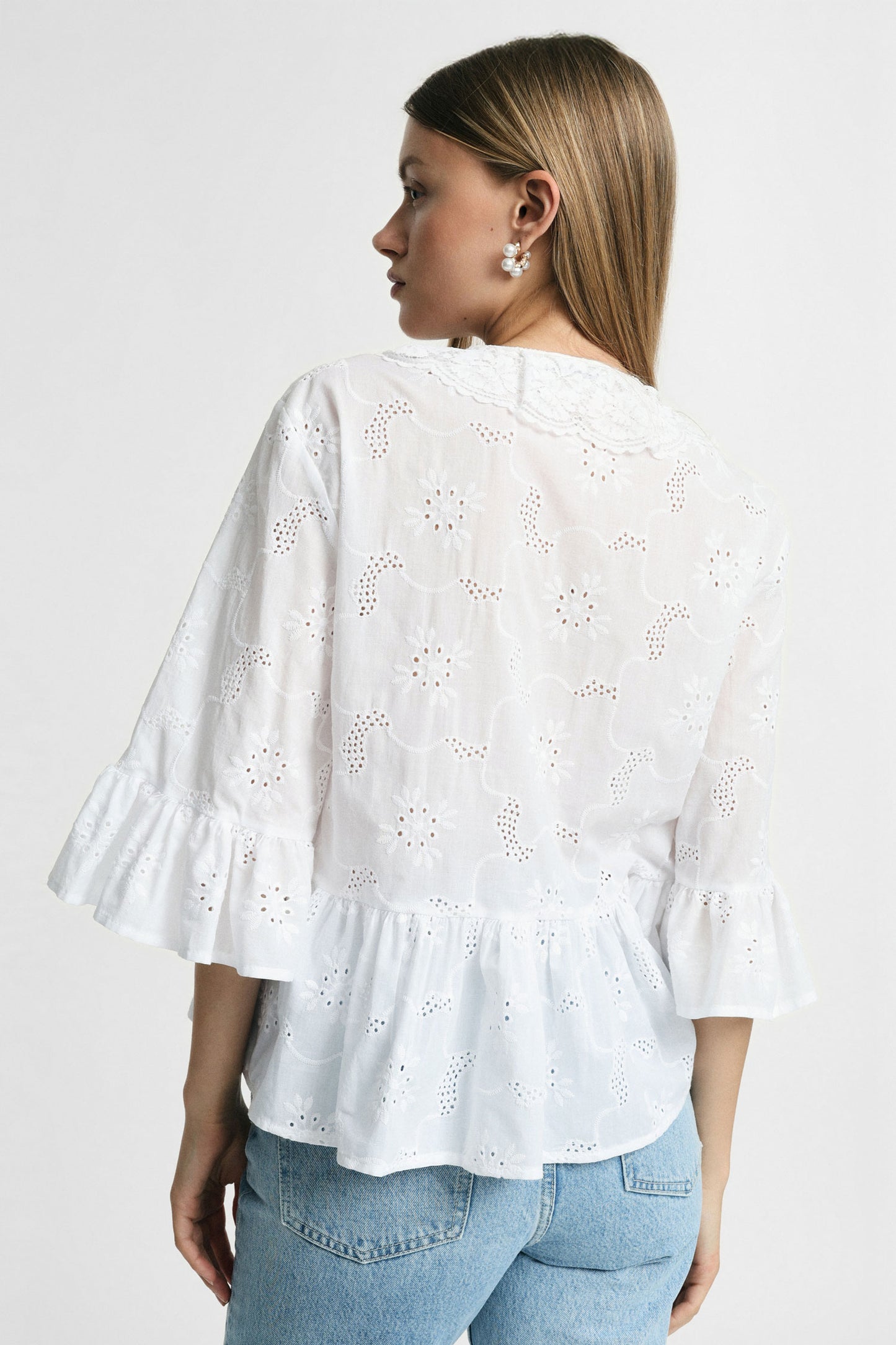 Blouse with broderie anglaise and flared sleeves