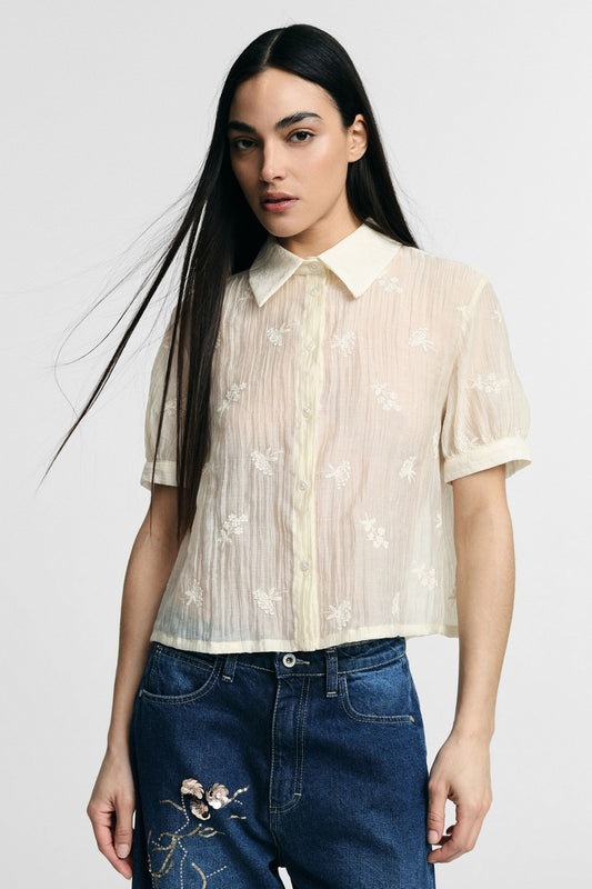 Shirt cropped short sleeves floral embroidered – JUST11 women's fashion