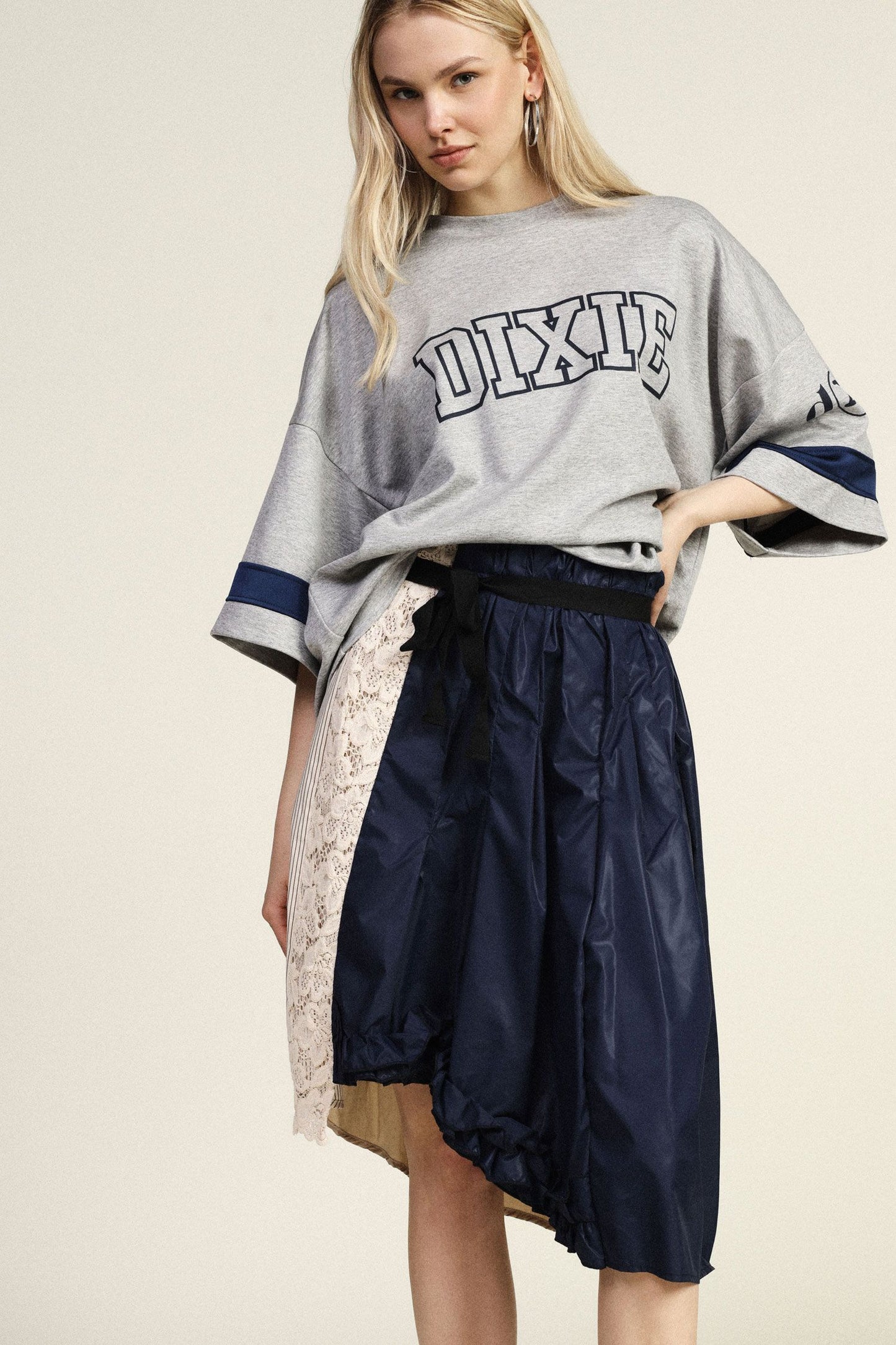 Midi skirt patchwork high waist with sash belt