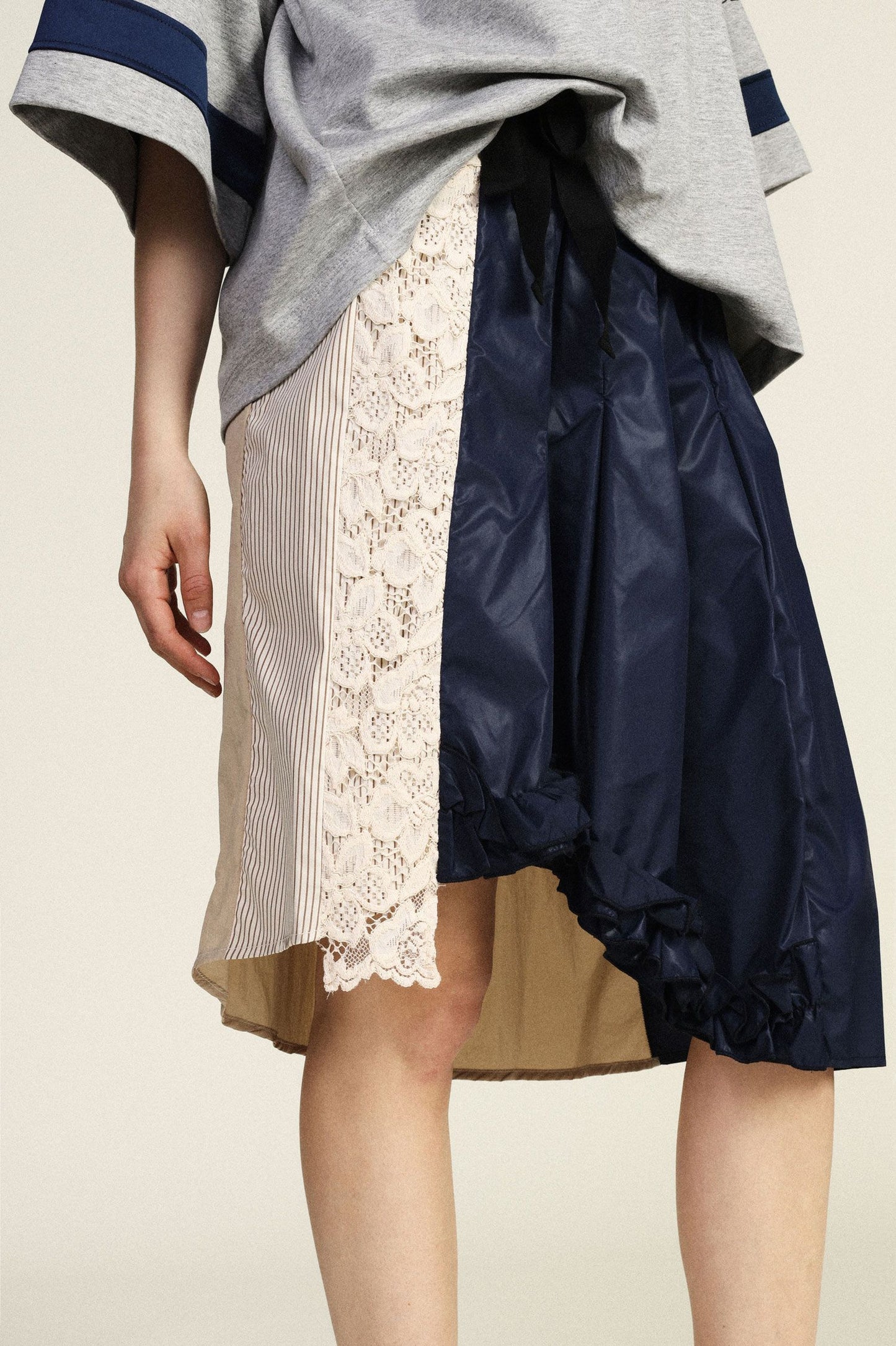 Midi skirt patchwork high waist with sash belt
