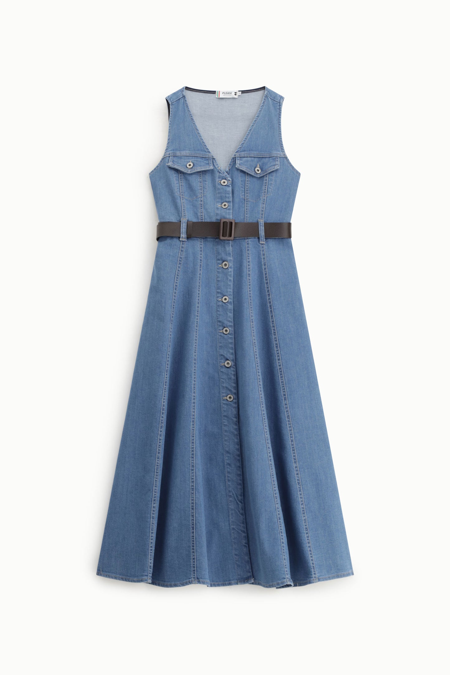 Midi flared dress with front pockets and belt