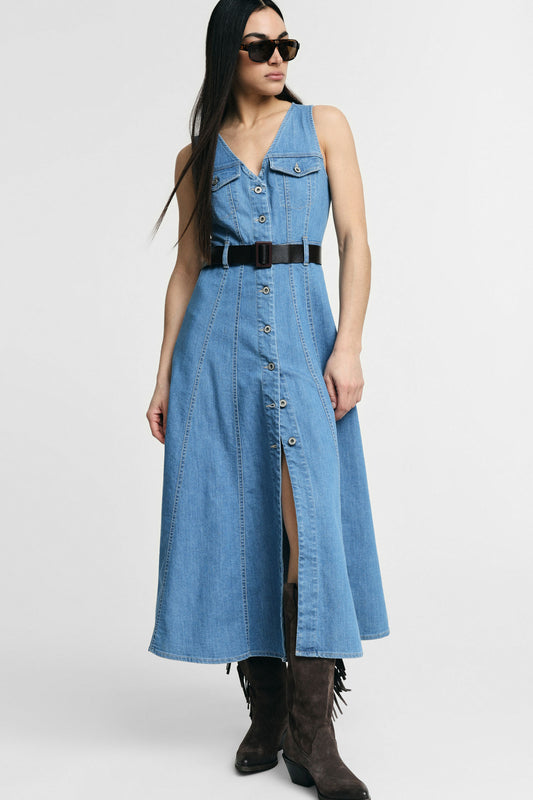 Midi flared dress with front pockets and belt – JUST11 women's fashion