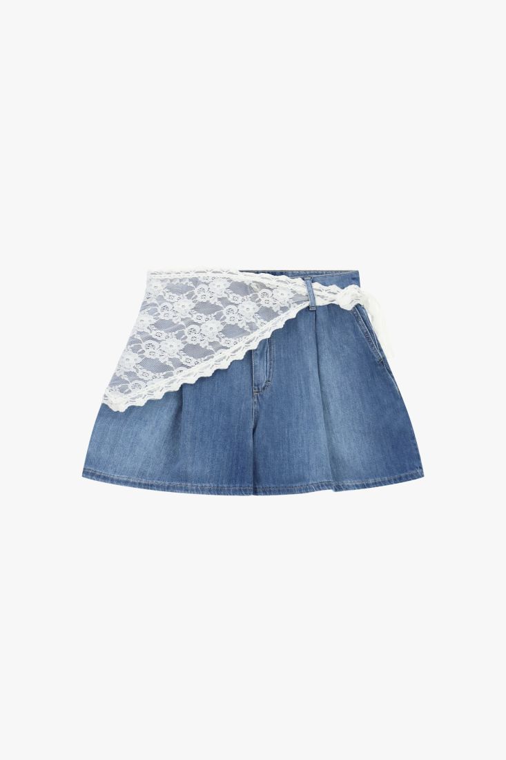 Denim skorts with asymmetric lace accent