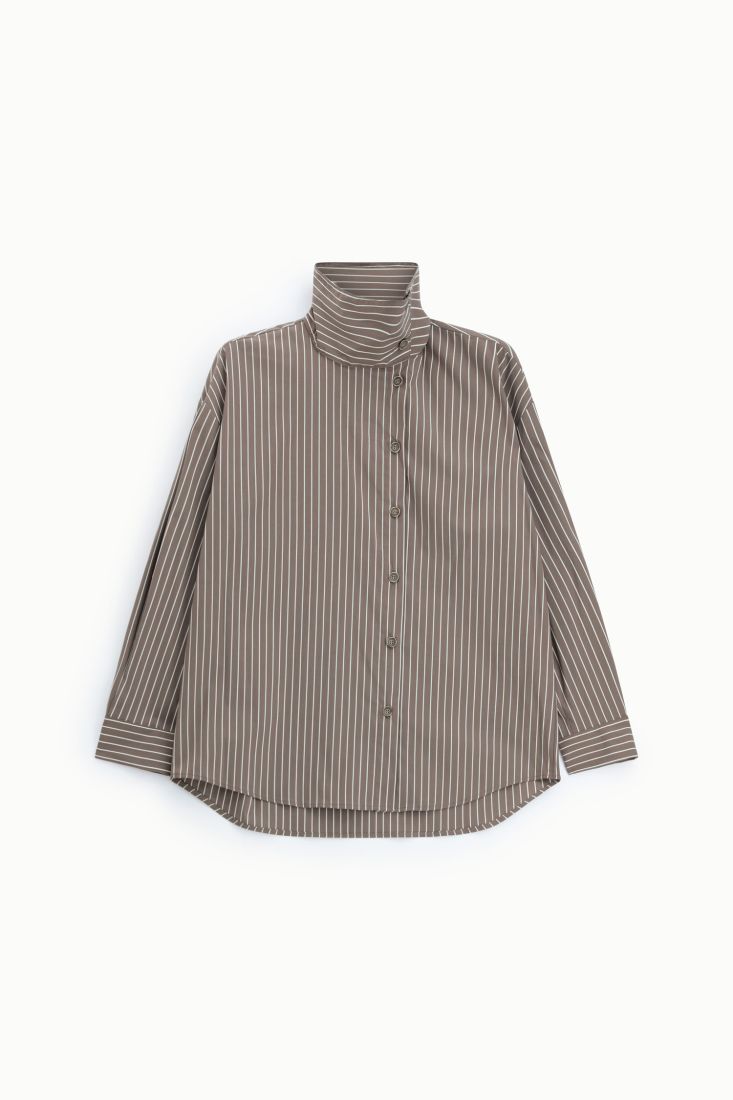 High-neck striped shirt with asymmetric buttons