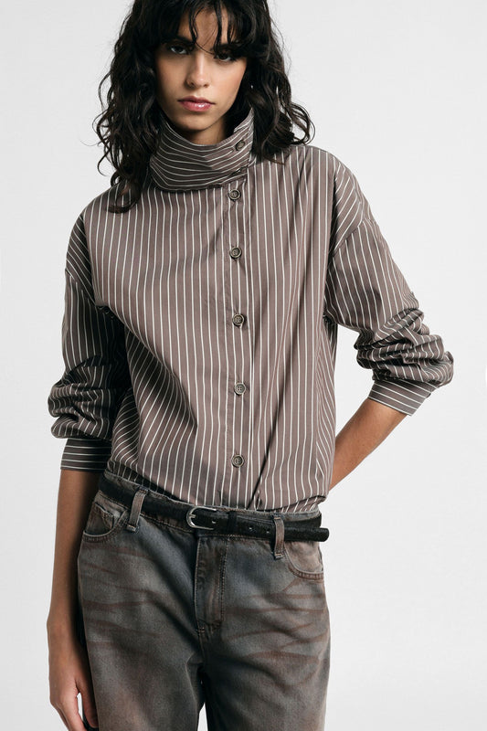 High-neck striped shirt with asymmetric buttons