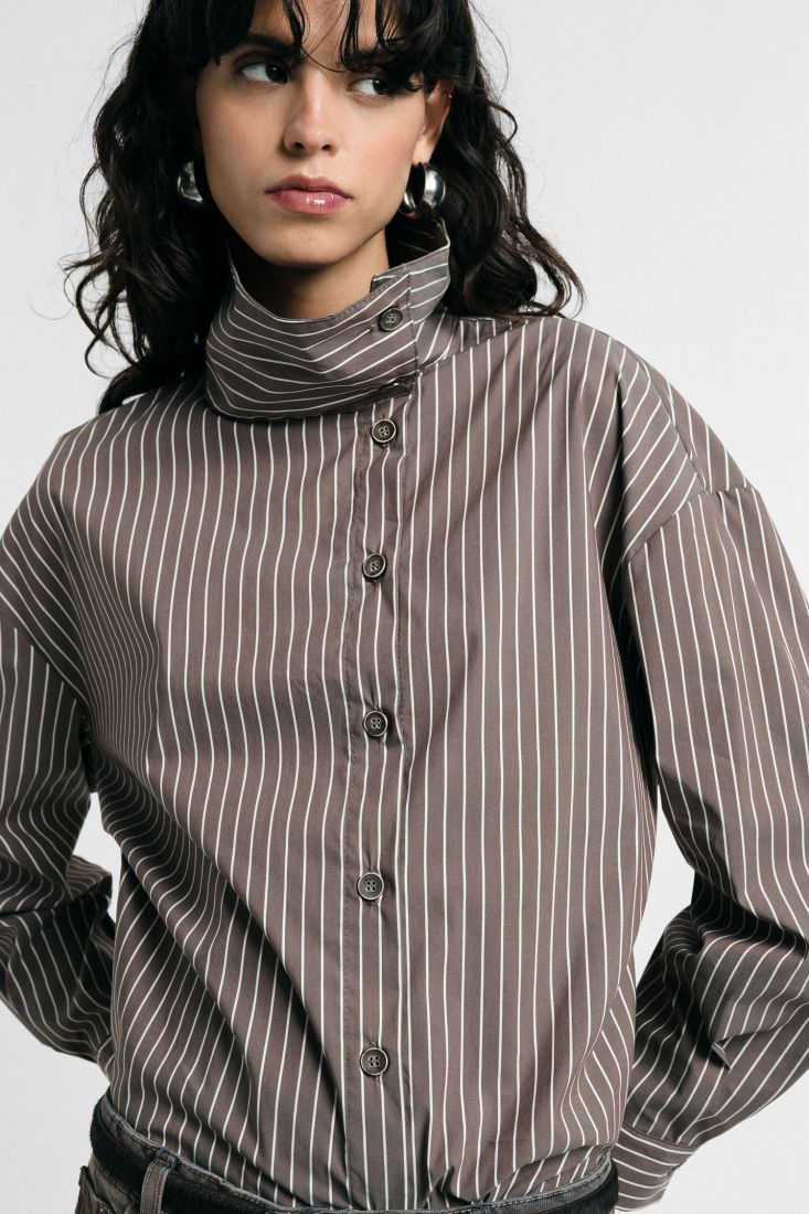 High-neck striped shirt with asymmetric buttons