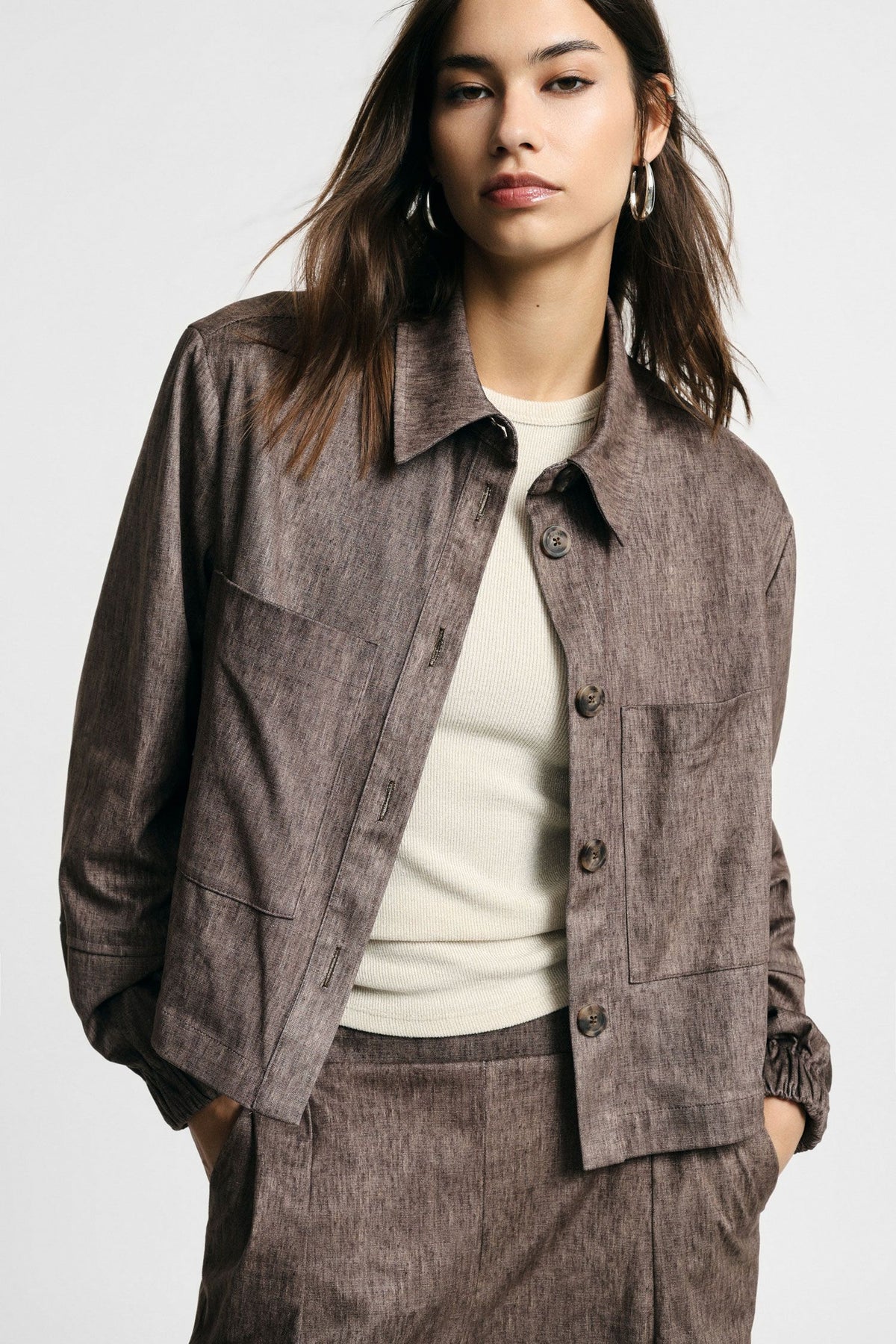 Cropped shirt jacket with front patch pockets