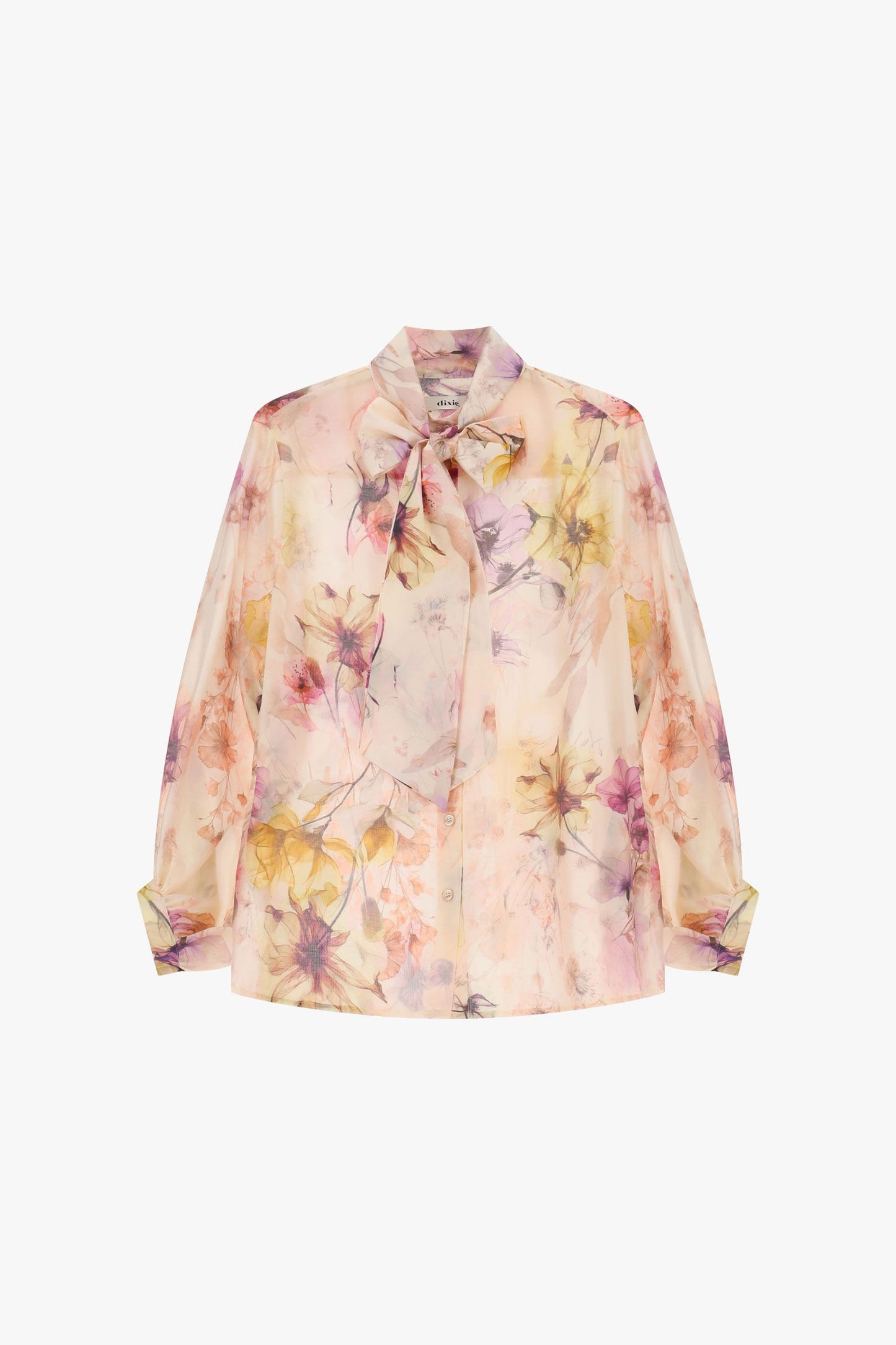 Shirt with bow tie and sheer floral print