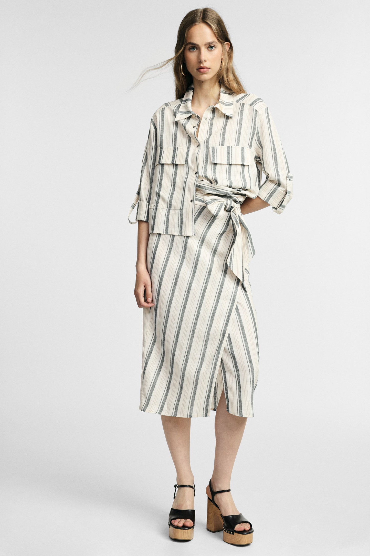 Midi skirt with stripes and waist tie belt – JUST11 women's fashion