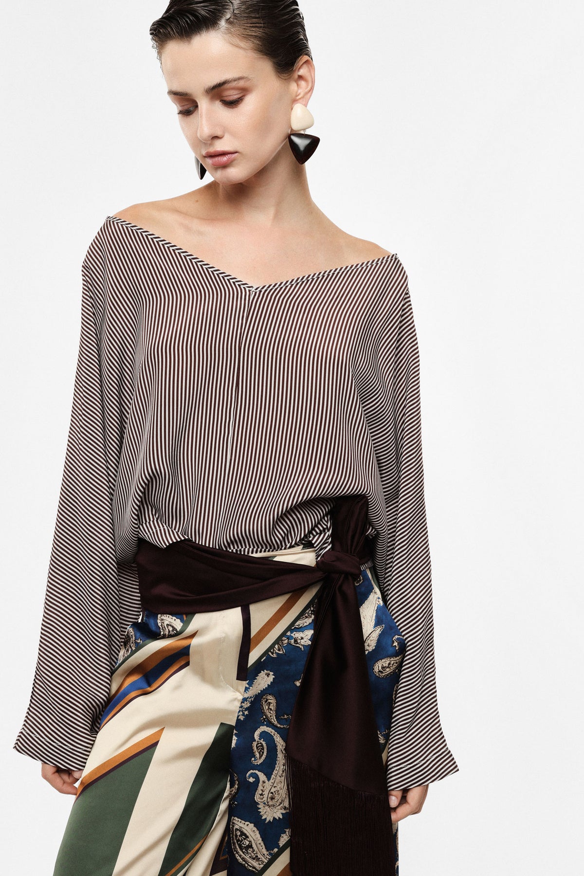 Striped V-neck long-sleeve top