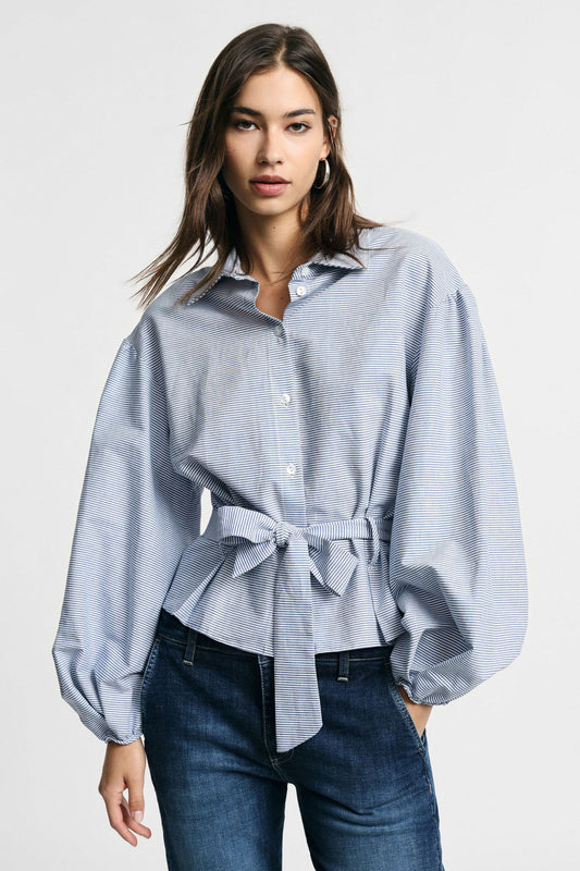 Belted shirt with wide striped sleeves