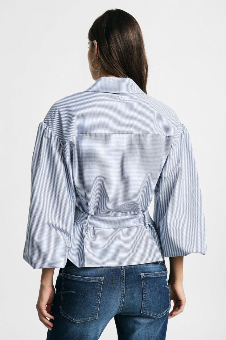 Belted shirt with wide striped sleeves