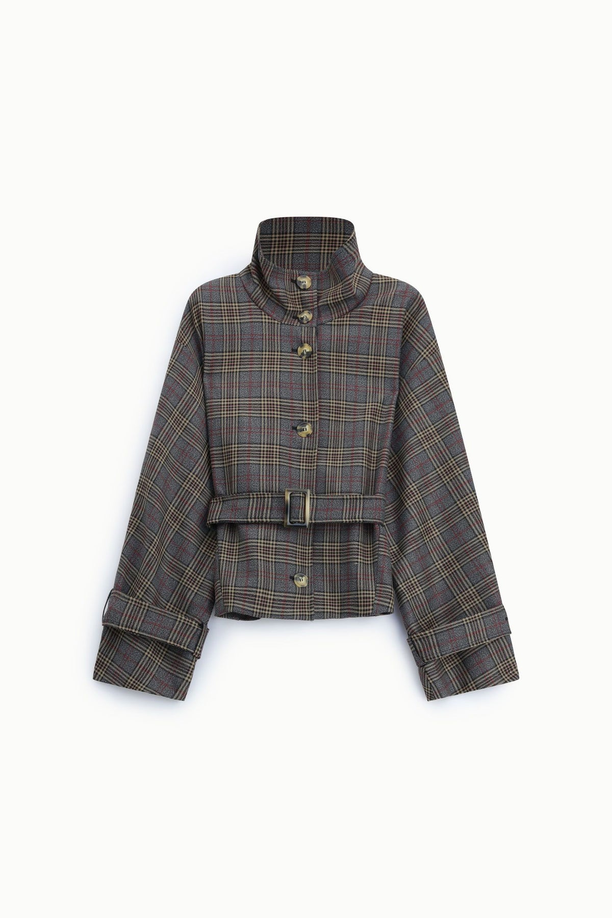 Short shirt jacket with belt and check pattern