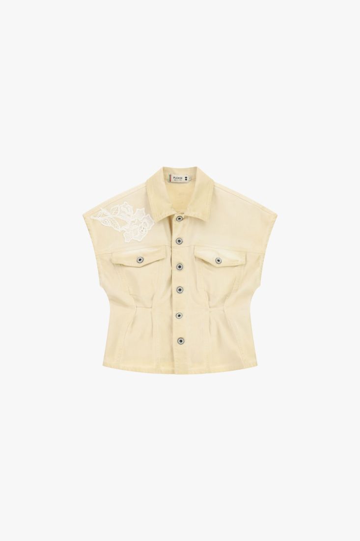 Cropped denim jacket with floral embroidery and buttons