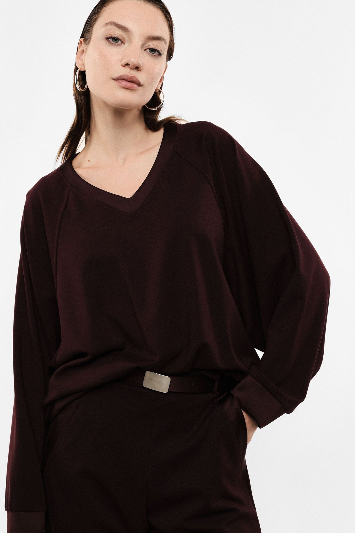 V-neck long-sleeve sweatshirt
