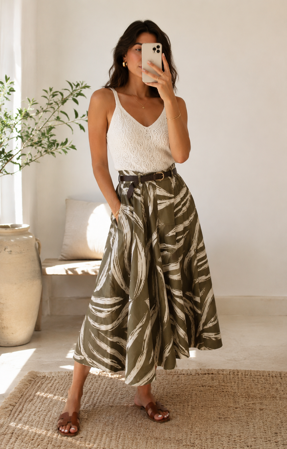Olive Abstract Print Cotton Midi Skirt – JUST11 women's fashion