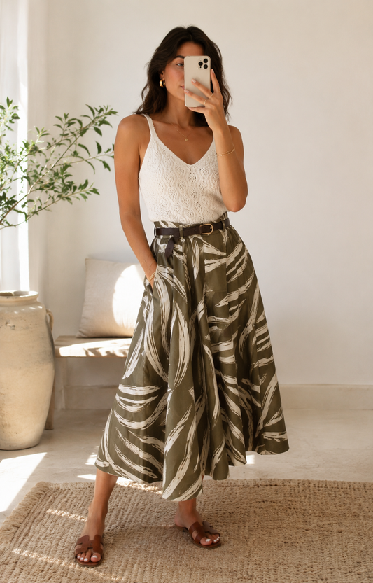 Olive Abstract Print Cotton Midi Skirt – JUST11 women's fashion
