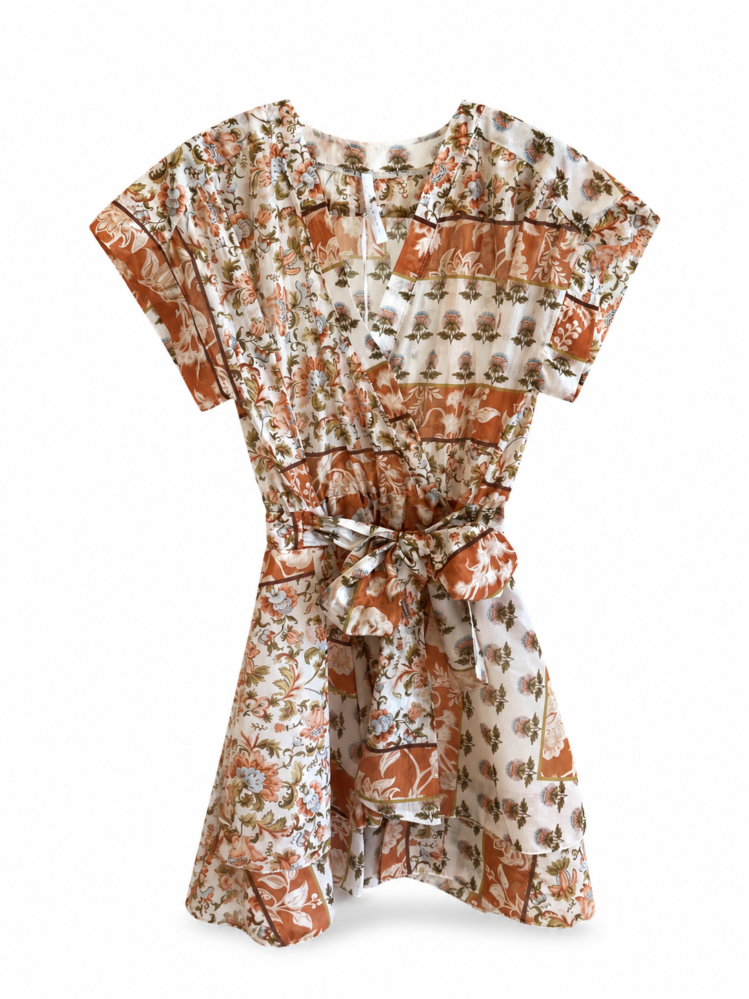 Rust Floral Wrap Mini Dress with Tie Waist