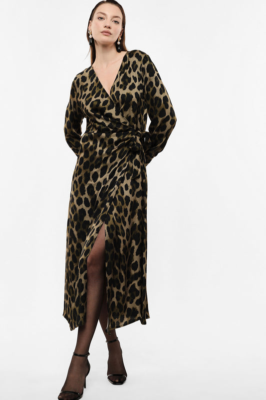 Long animal-print dress with sash - Olive/Black