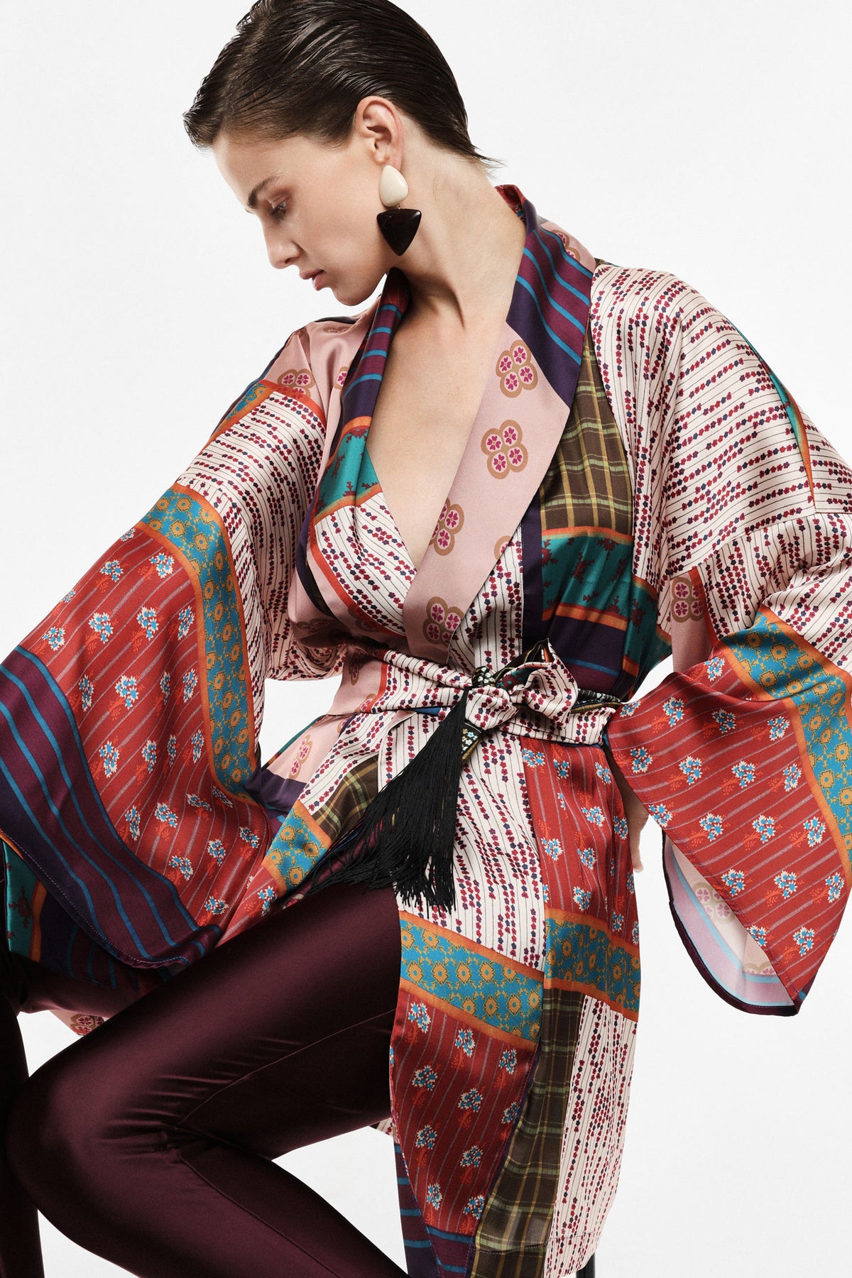 Printed kimono shirt with tie belt - Dusty Rose/Burgundy