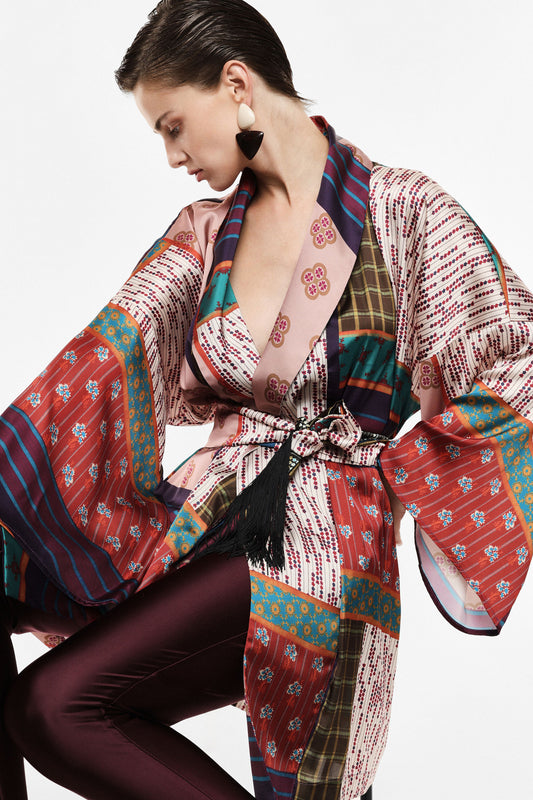 Printed kimono shirt with tie belt - Dusty Rose/Burgundy