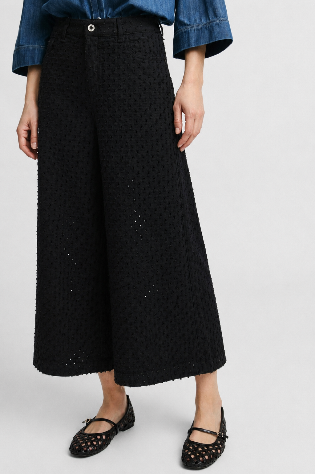 Trousers wide-leg high-rise with openwork textured finish – JUST11 women's fashion