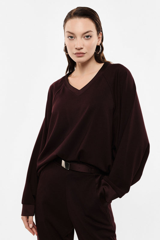 V-neck long-sleeve sweatshirt - Plum Noir
