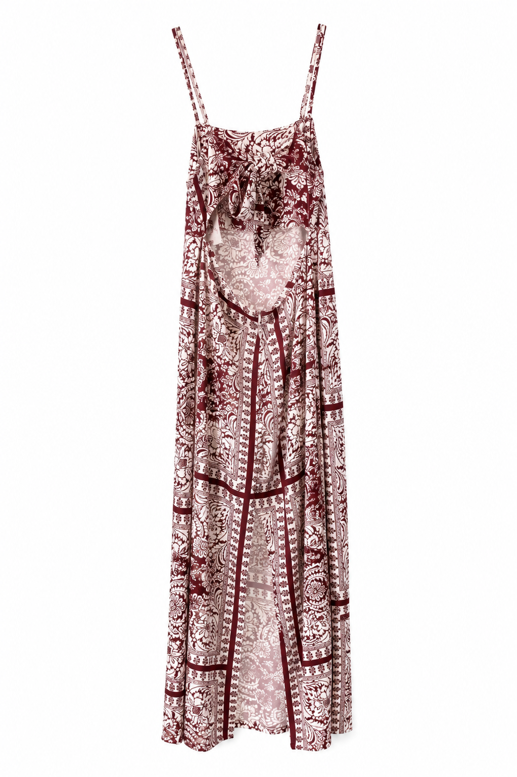 Burgundy Paisley Open-Back Maxi Dress
