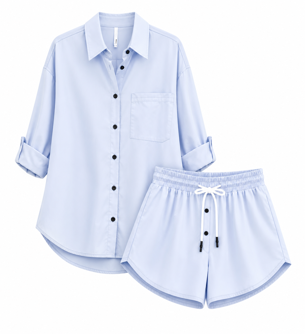 Oversized button-up shirt paired with matching drawstring short