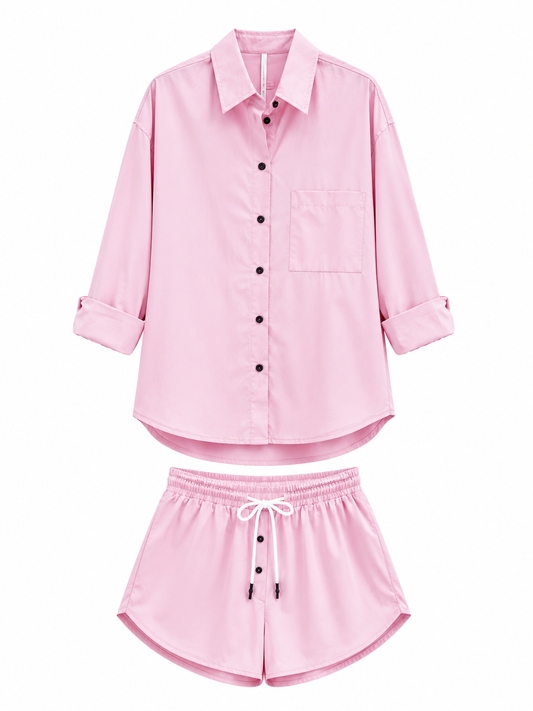 Oversized button-up shirt paired with matching drawstring short – JUST11 women's fashion