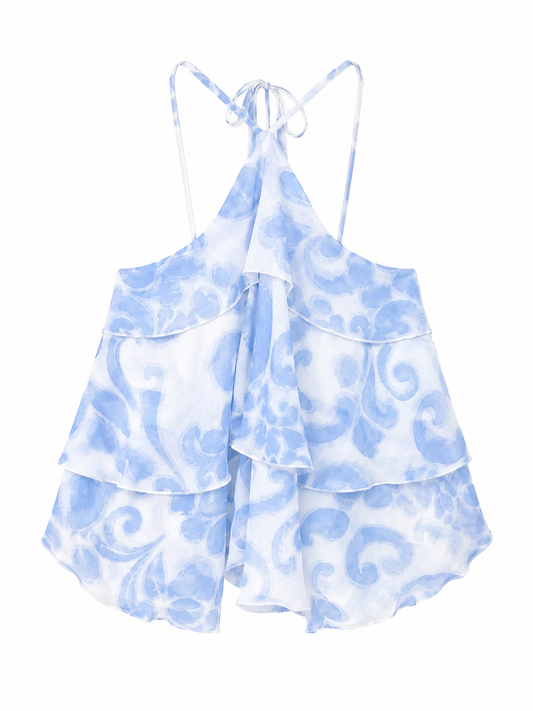 Azure Bloom Halter Ruffle Top