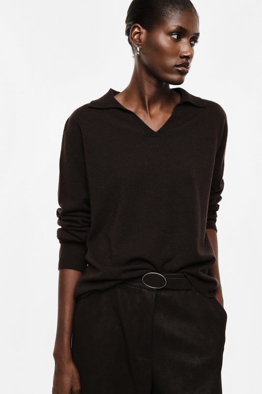 Polo-collar pullover sweater - Dark Coffee