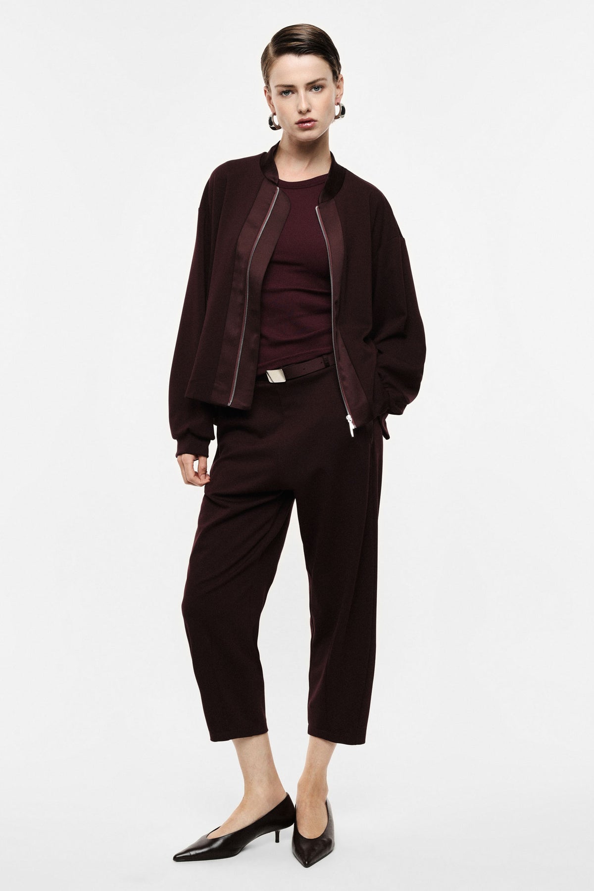 High-waist cropped trousers with belt - Plum Noir
