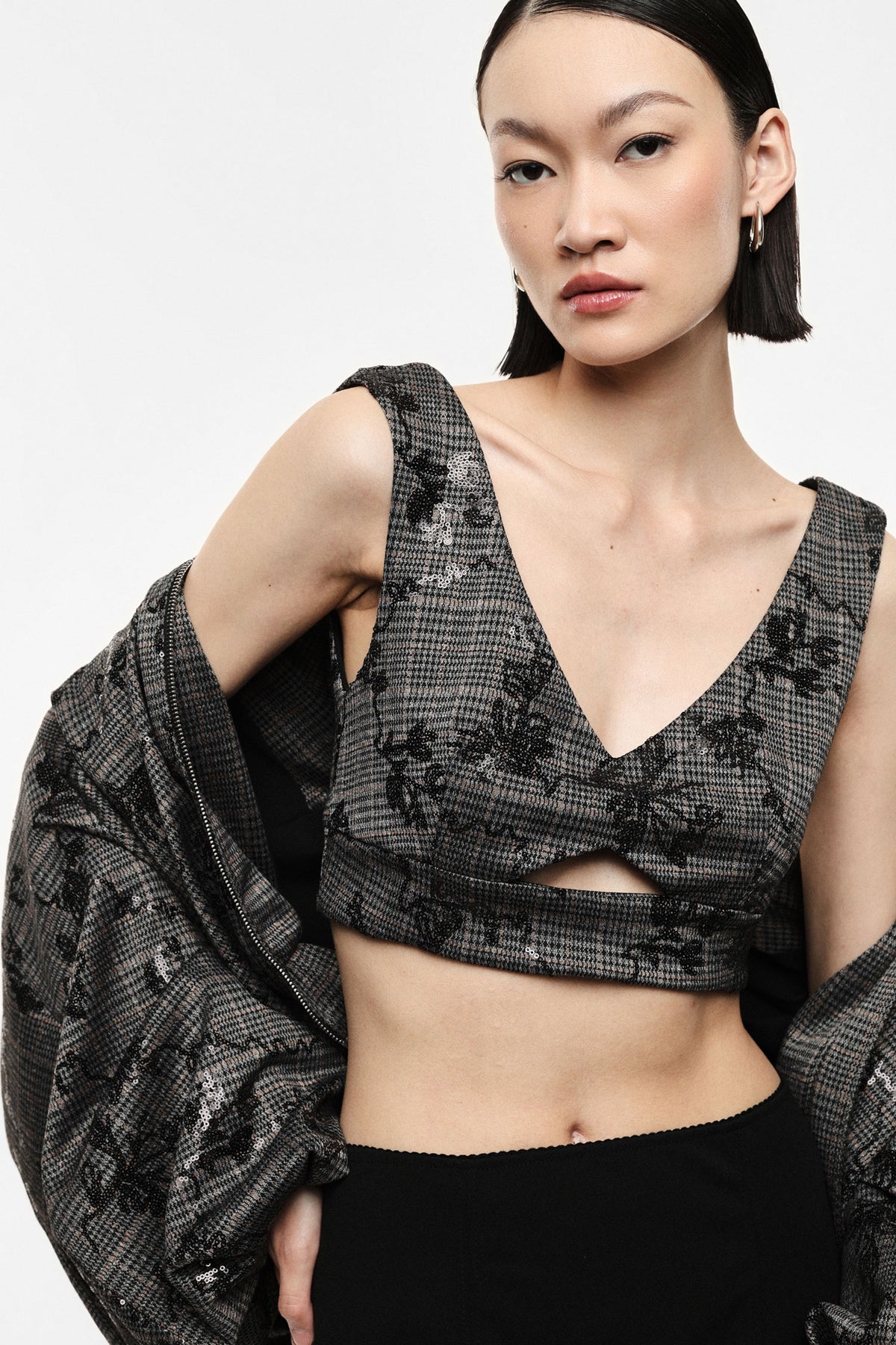 Cropped houndstooth sleeveless top - Grey/Black