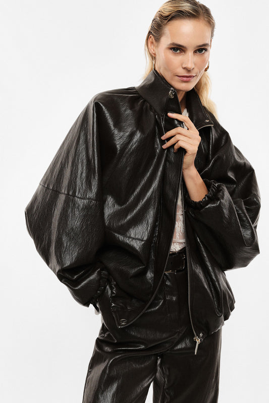 Short quilted jacket with stand collar - Dark Brown
