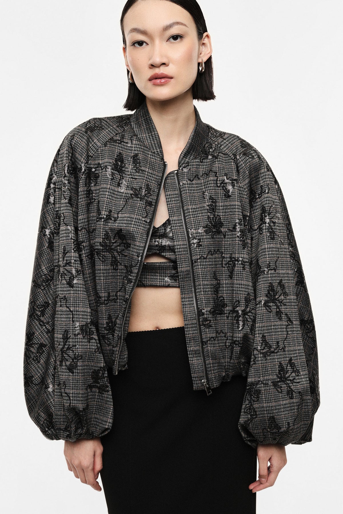 Printed bomber jacket with voluminous sleeves - Grey/Black